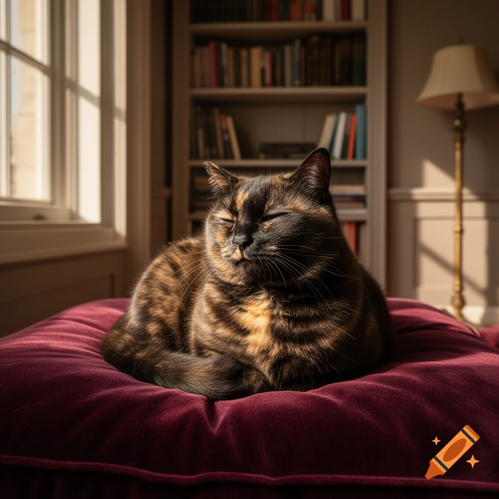 A tortoiseshell cat sleeps on a red velvet cushion in a sunlit room with a bookshelf and window in the background.