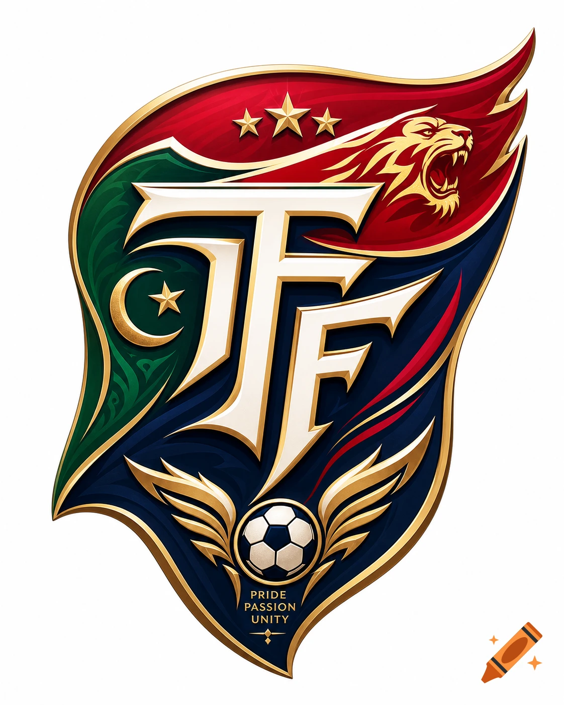 Stylized soccer emblem with 'TFF' letters, roaring lion, stars, crescent, soccer ball, and 'PRIDE PASSION UNITY' motto.