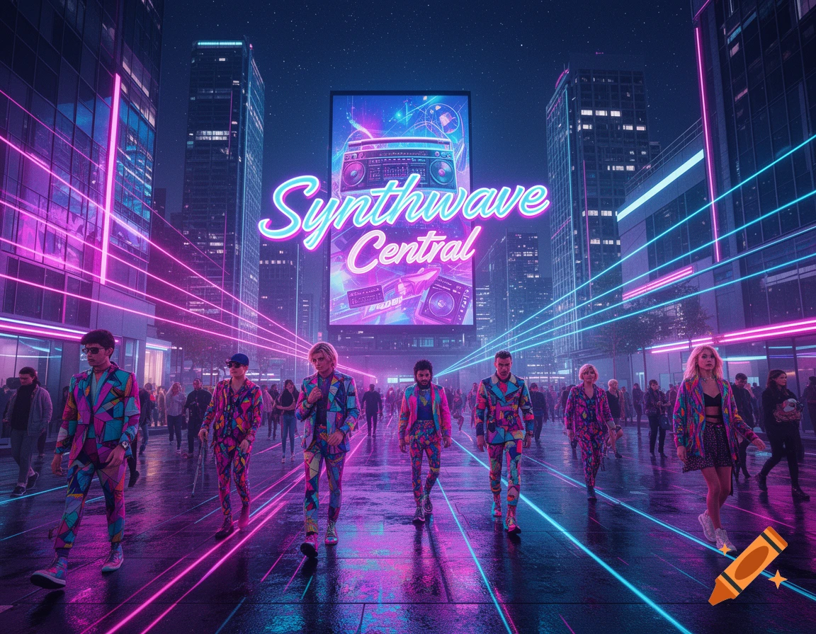 People in colorful suits walk on a neon-lit city street at night, with a 'Synthwave Central' billboard, in an 80s futuristic style.