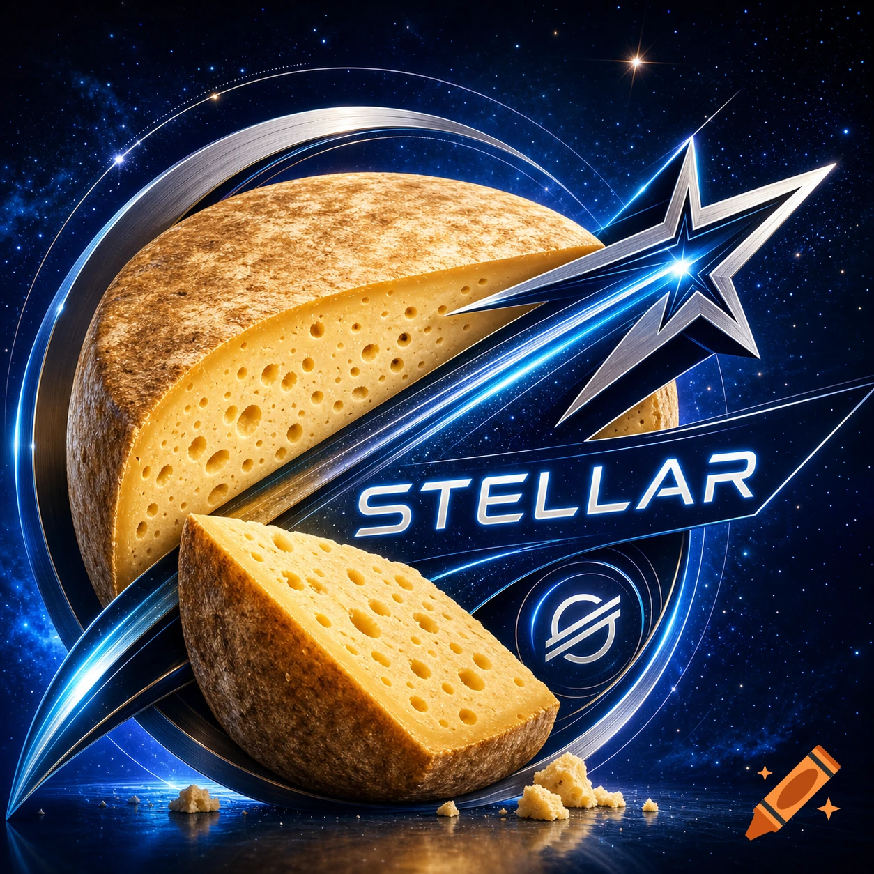 A wheel of cheese and a slice against a starry blue space background, with glowing metallic rings, a silver star logo, and the word "STELLAR" in blue text.