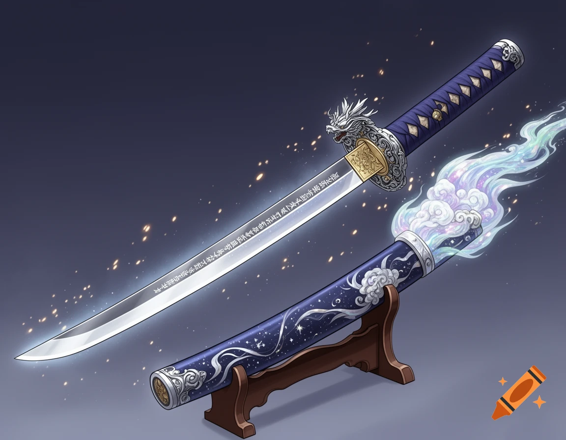 An anime-style magic katana with a silver blade inscribed with characters, alongside its dark blue sheath emitting an ethereal, cloud-like glow. The katana features a dragon hilt and ornate gold detailing, resting on a wooden stand against a dark background with sparkling dust.