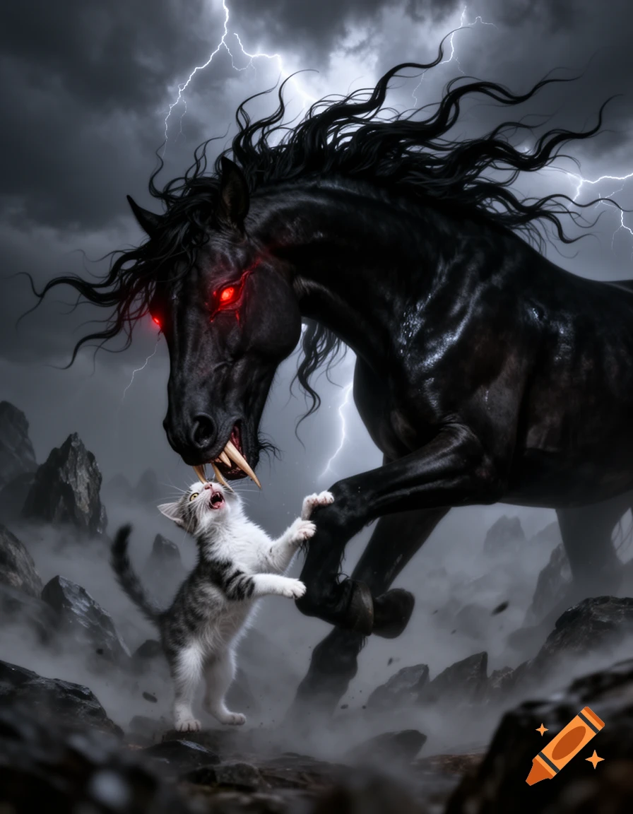 A black demonic horse with glowing red eyes and fangs confronts a small tabby kitten in a stormy, lightning-filled fantasy scene.
