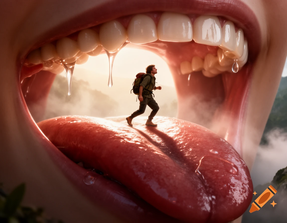 A tiny explorer hikes on a colossal human tongue inside a vast open mouth, with a misty landscape visible outside.