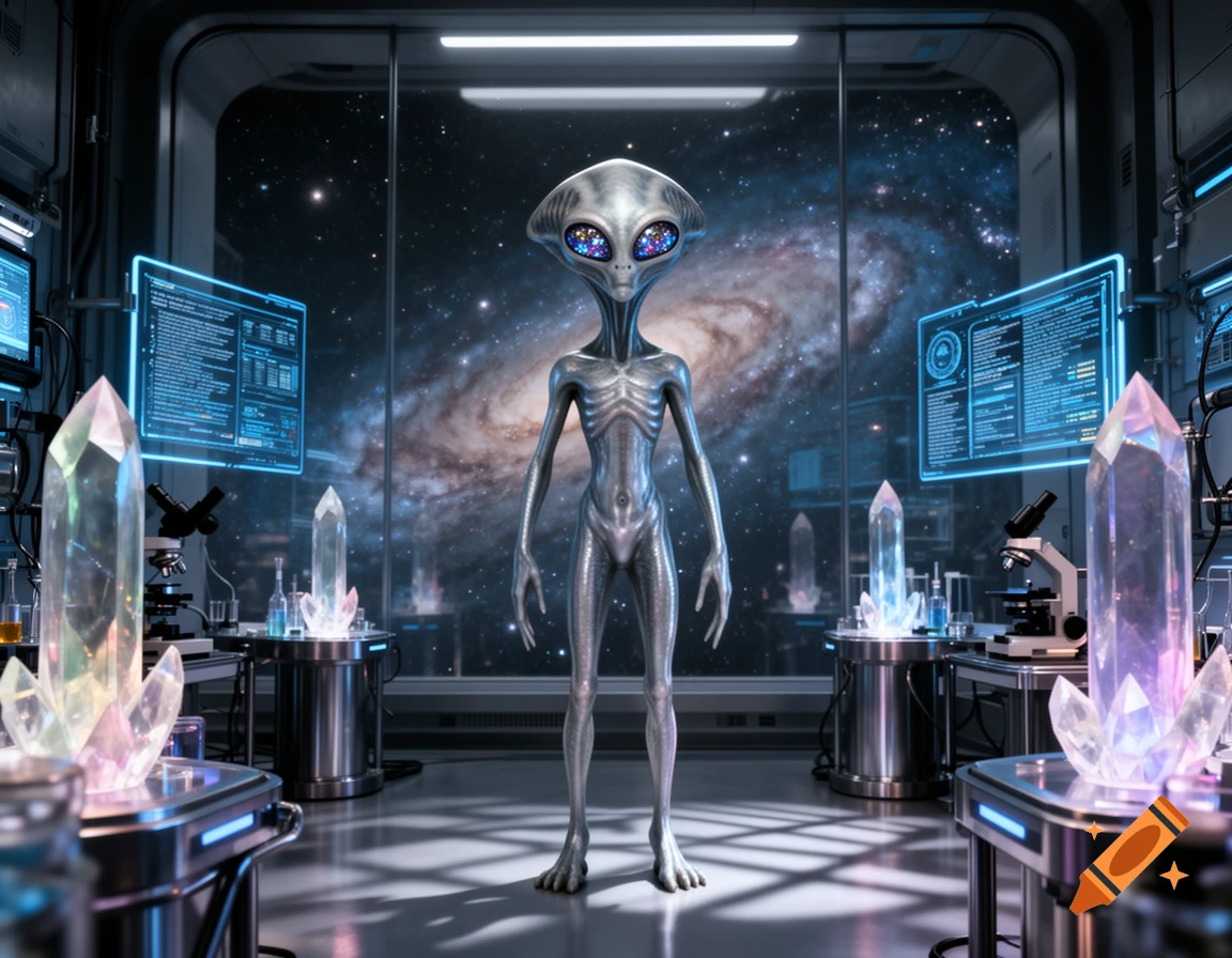 A grey alien stands in a futuristic laboratory filled with glowing crystals, with a galaxy visible through a large window.