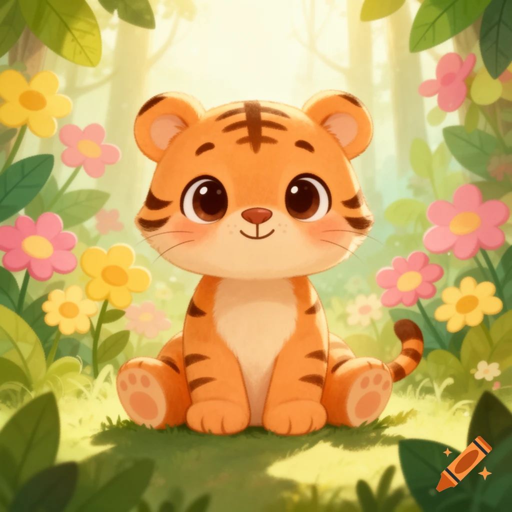A cute cartoon tiger with big eyes sits smiling in a bright field of pink and yellow flowers.
