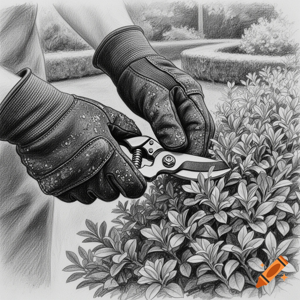 Close-up charcoal drawing of gloved hands pruning a bush with gardening shears in a well-maintained garden.