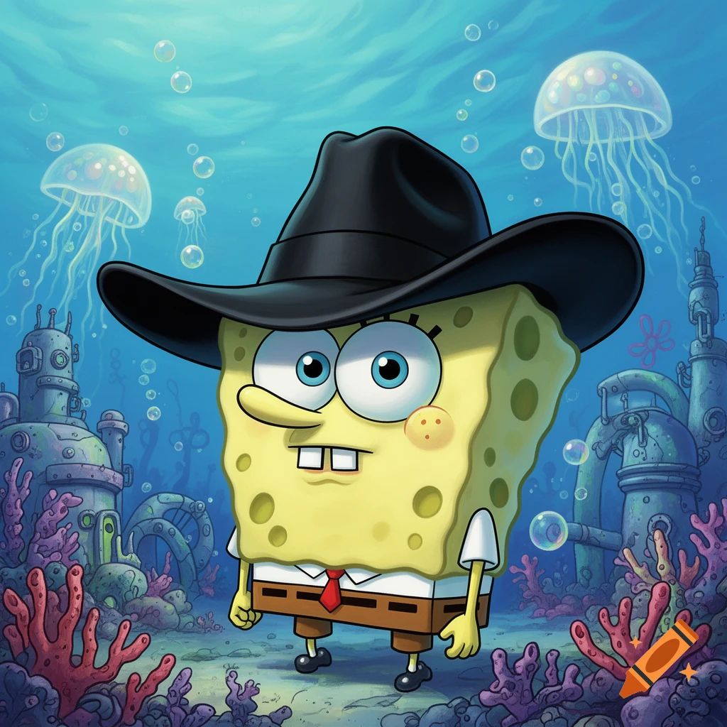 SpongeBob Squarepants wearing a black cowboy hat in a vibrant underwater scene with jellyfish.