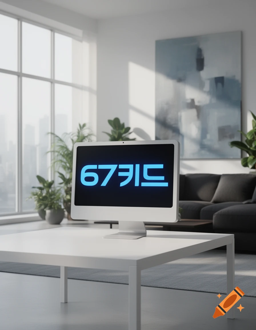 A white computer monitor displaying '67키드' on a minimalist white table in a bright, modern living room with plants and a large window.