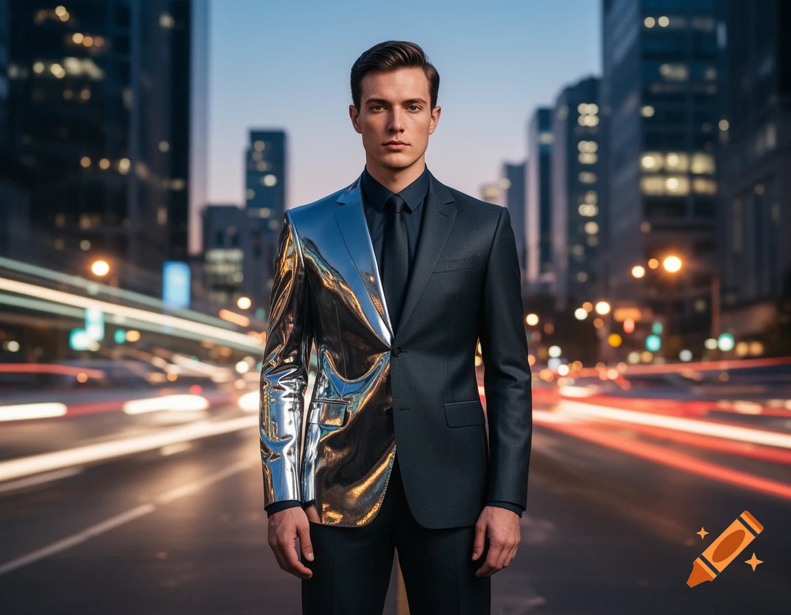 A man in a half-metallic, half-dark suit stands on a city street at dusk with blurred light trails in the background.
