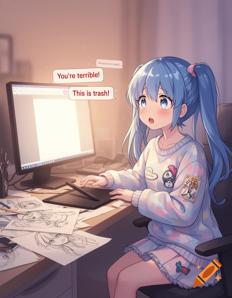 An anime girl with blue pigtails, wearing a pastel sweater, sits at a desk with a drawing tablet, looking surprised at hate comments in speech bubbles on her computer screen.