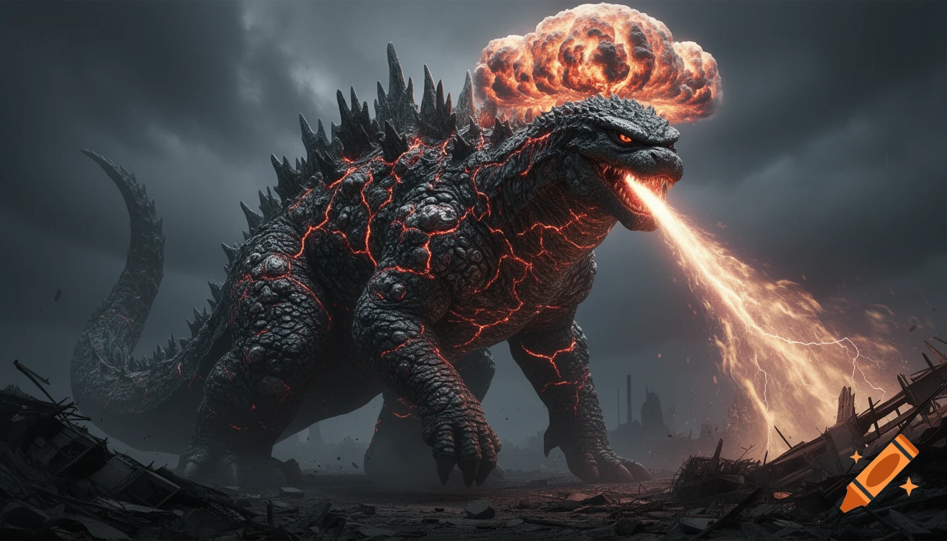 A terrifying Godzilla with glowing red cracks on its melted skin, breathing fire, with a mushroom cloud rising from its back, in a destroyed city under a stormy sky.