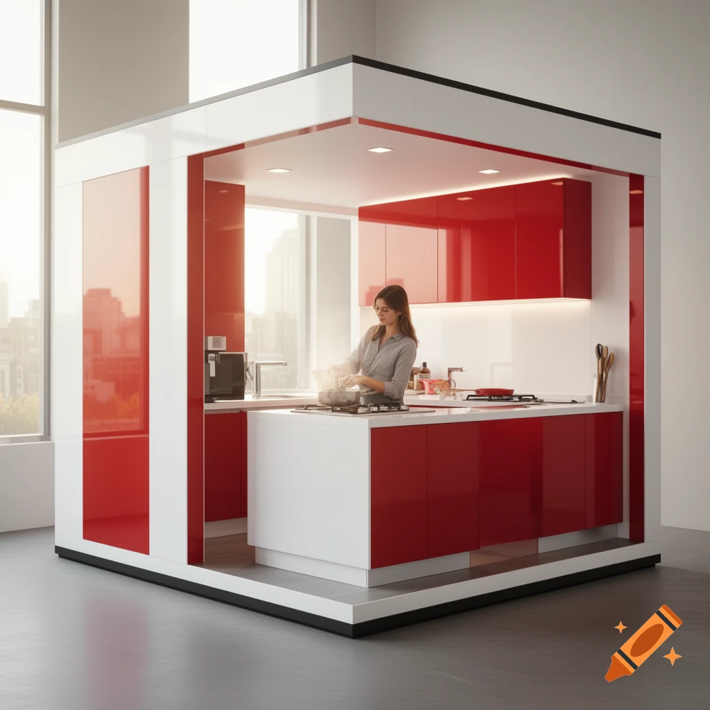 A woman cooks in a sleek, modern kitchen with red and white cabinets, large windows, and a minimalist design.