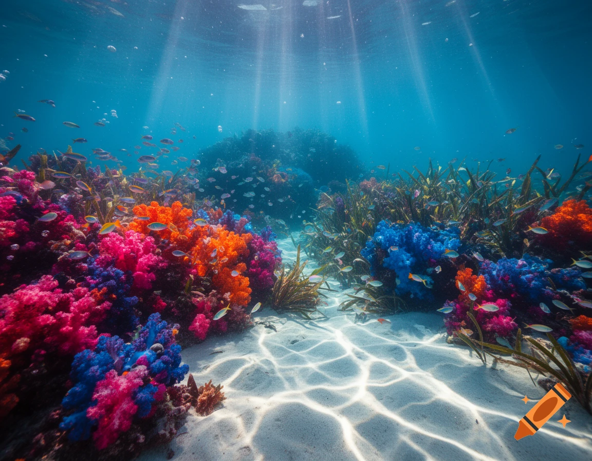 A vibrant underwater coral reef featuring colorful pink, orange, and blue corals, schools of fish, and sun rays on a sandy seabed.