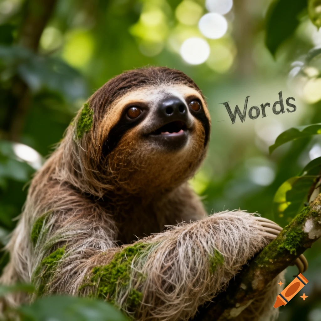 A photorealistic close-up of a sloth in a tree, covered in moss, with the word "Words" floating beside it.
