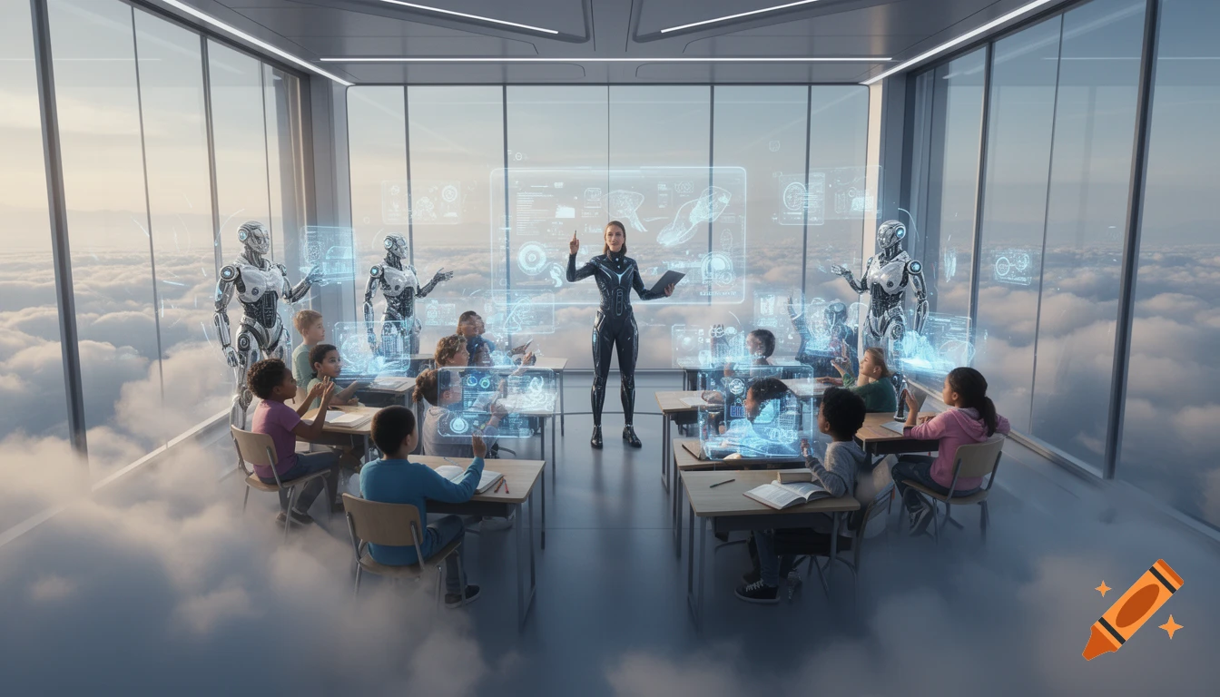 A futuristic glass classroom floats above clouds, with a teacher in a tech suit, children, and AI robots interacting with holographic displays.