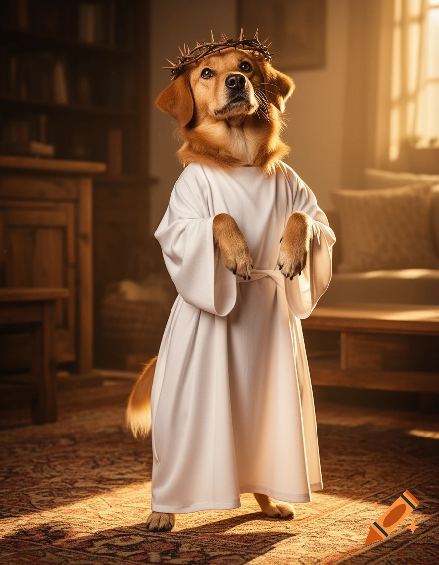 A golden retriever dog stands on its hind legs, wearing a white robe and a crown of thorns, in a sunlit room.