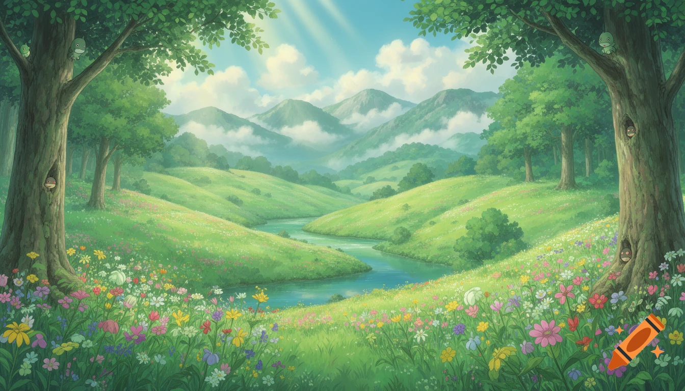 Vibrant Studio Ghibli anime landscape: a river in a green valley, mountains, wildflowers, and small tree creatures.
