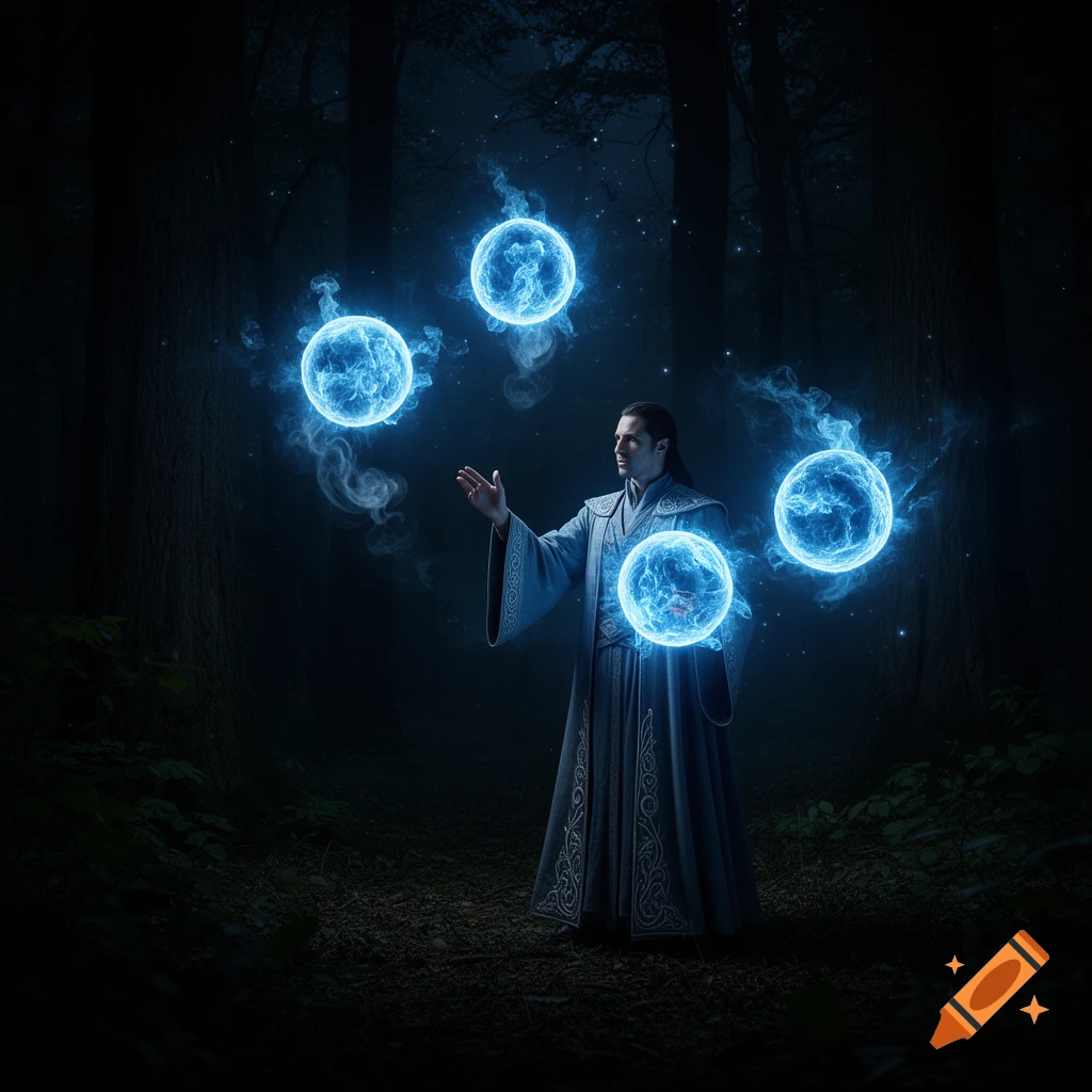 A sorcerer in a grey robe conjures four glowing blue orbs in a dark, mystical forest. Photorealistic style.