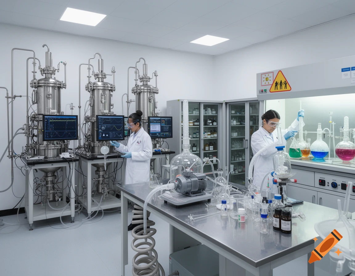 Two scientists in lab coats and safety glasses work in a modern laboratory filled with complex equipment, beakers, and monitors.