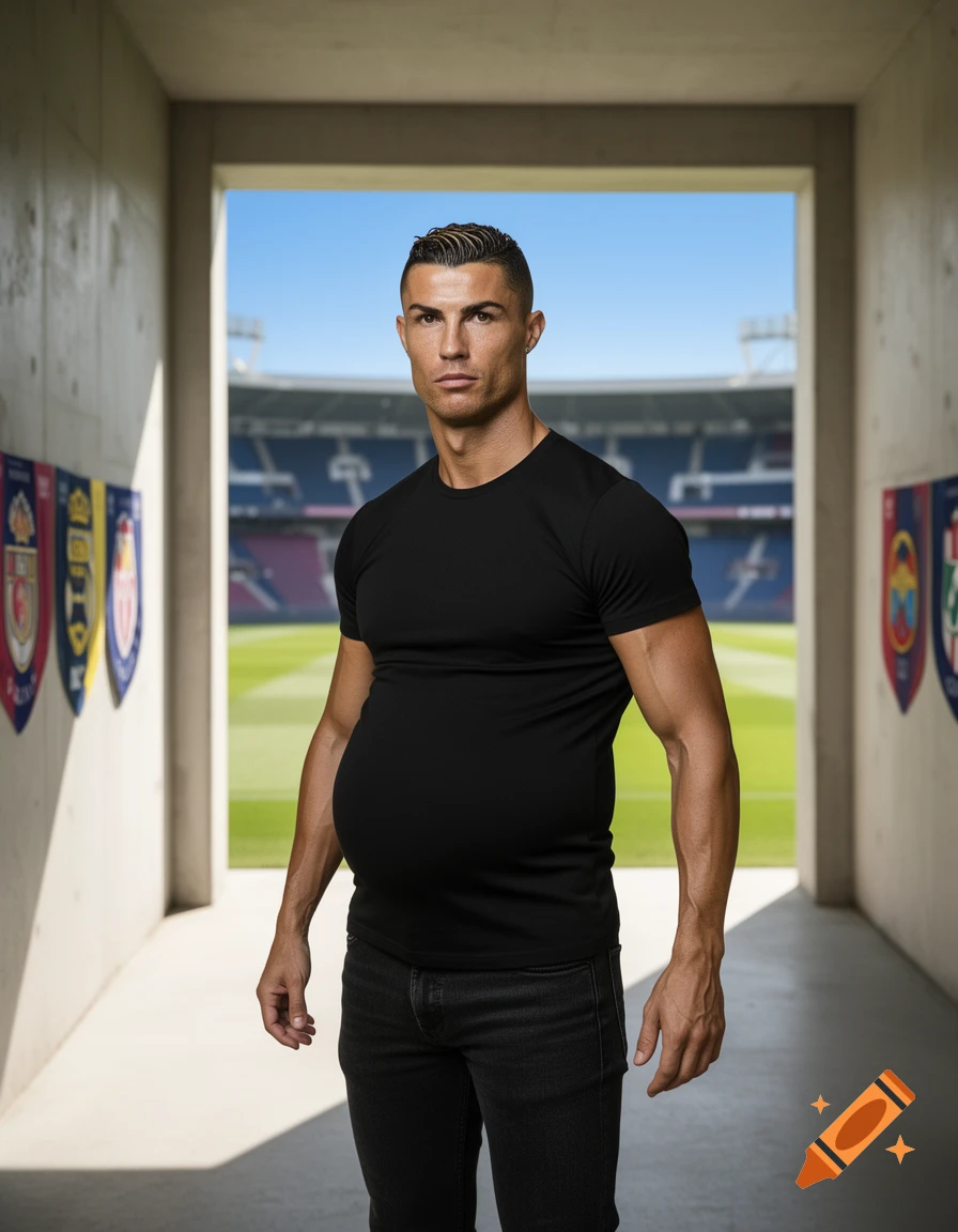 Photorealistic image of Cristiano Ronaldo with a beer belly, standing in a stadium tunnel looking towards the field.