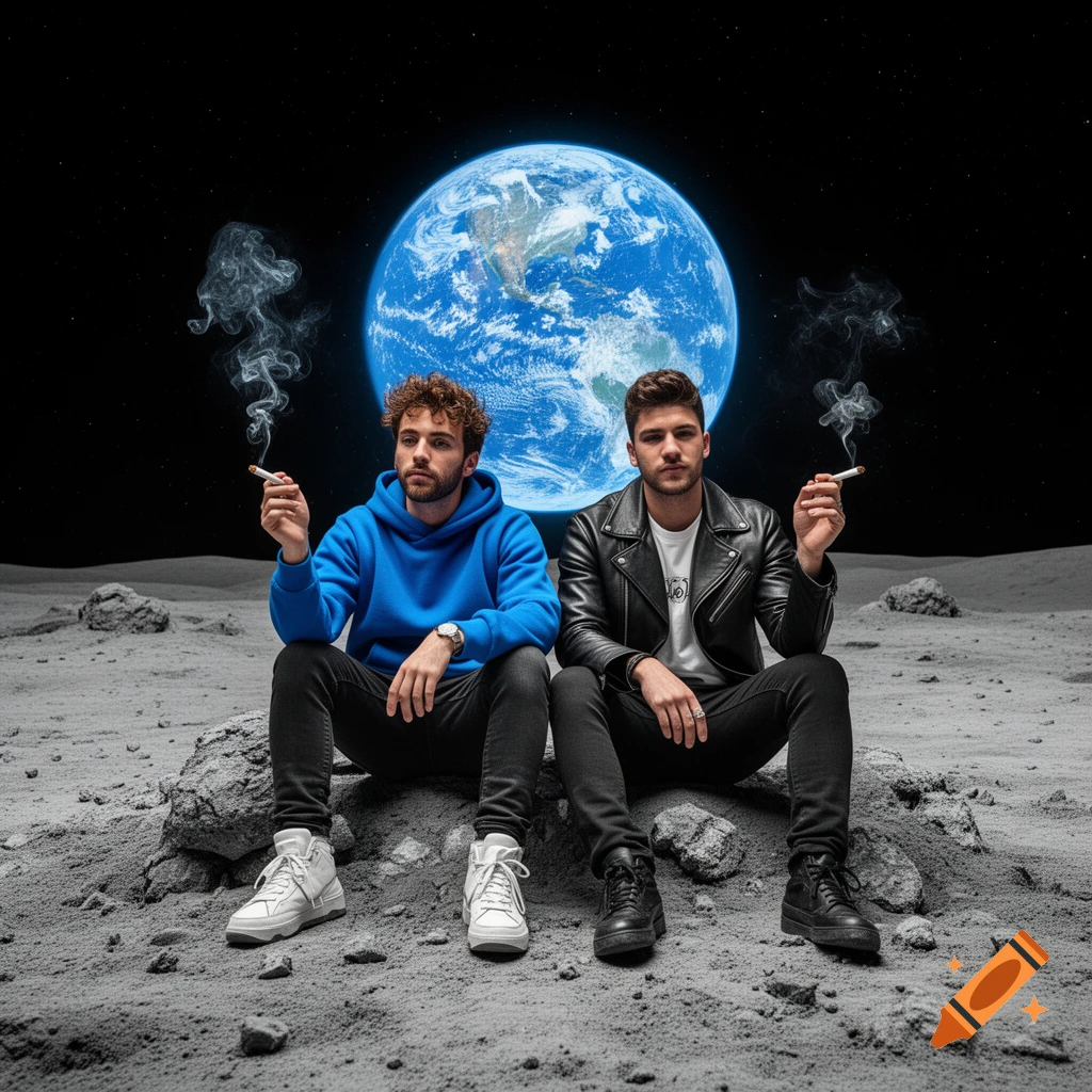 Two men sit on the moon's surface, smoking cigarettes, with a large blue Earth and stars in the background. Photorealistic style.