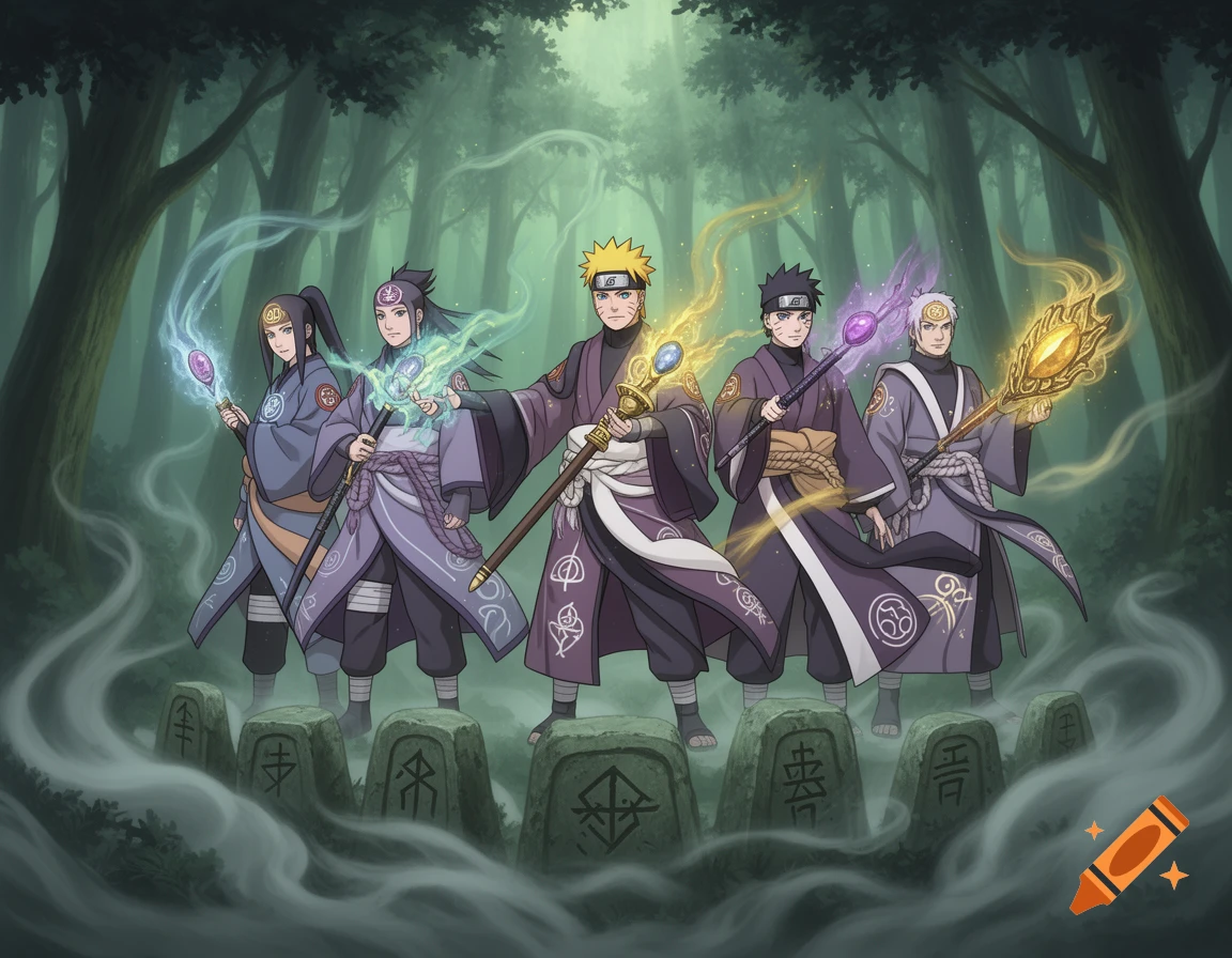 Five anime characters resembling Naruto characters, holding glowing magical staffs, stand in a misty forest with rune-carved stones.