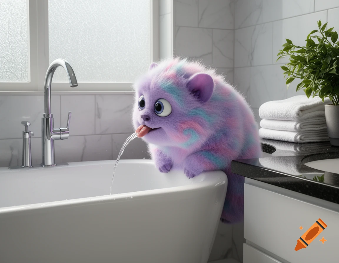 A cute, fluffy, purple, pink, and blue monster leans over a bathtub, drinking water from a faucet with its tongue out.