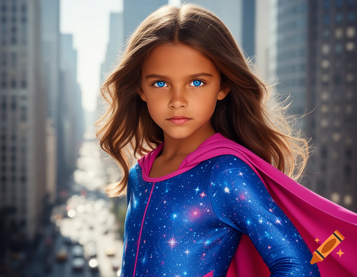 Photorealistic portrait of a young girl in a blue and pink star-patterned superhero suit with a cape, standing in a city.