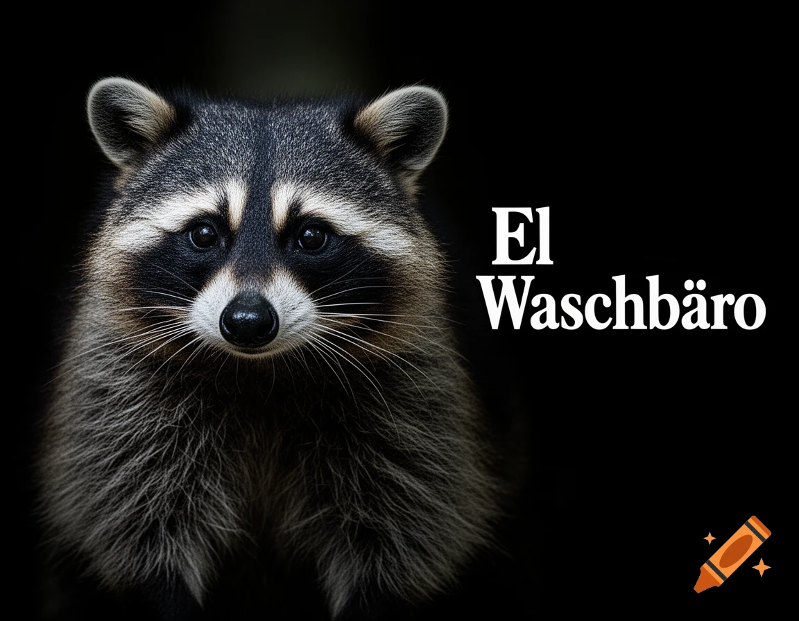 Photorealistic close-up of a raccoon on a black background, with "El Waschbäro" text.