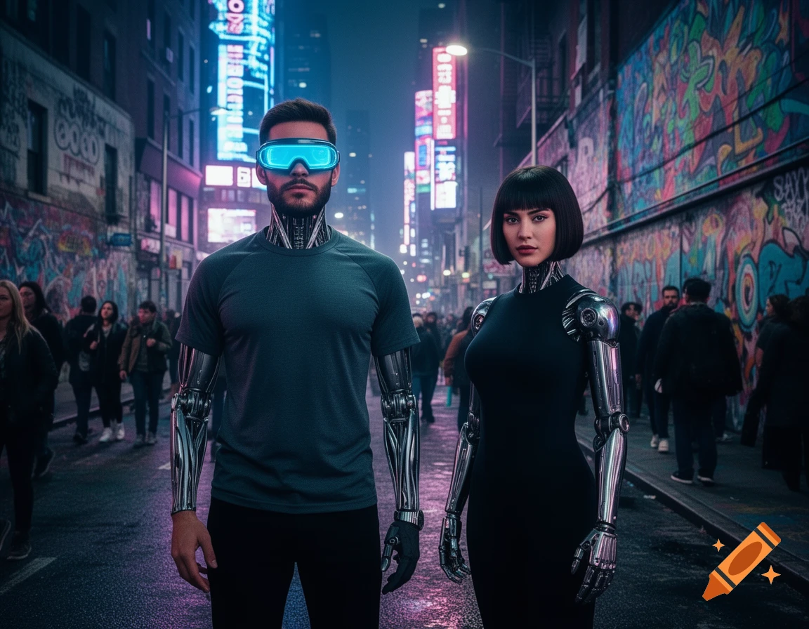 A photorealistic image of a man and a woman with cybernetic arms in a neon-lit cyberpunk city street with graffiti.