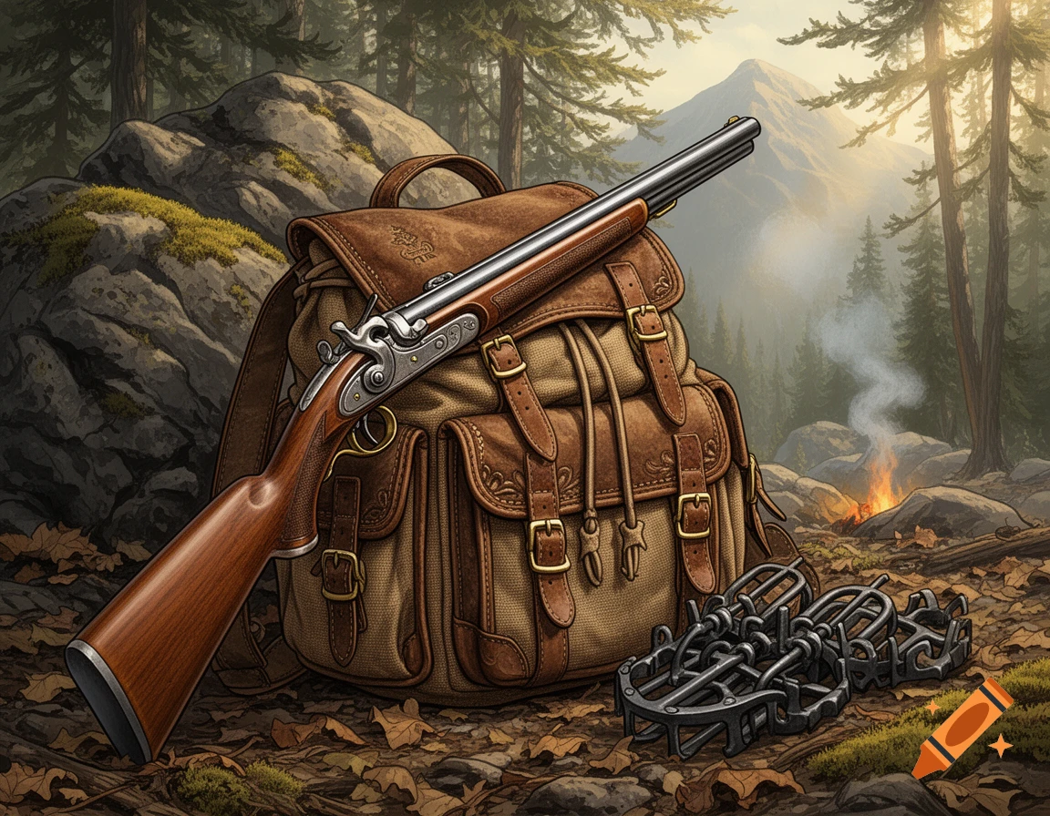 An illustrated scene of a trapper's backpack, a shotgun, and metal traps on a forest floor with a campfire.