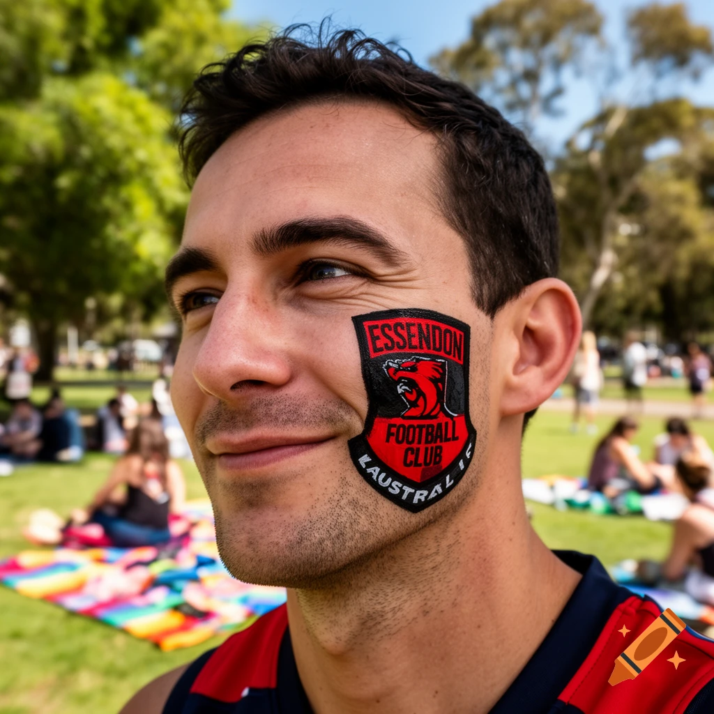 A man with Essendon Football Club face paint smiles in a park. The red and black shield logo is on his cheek.