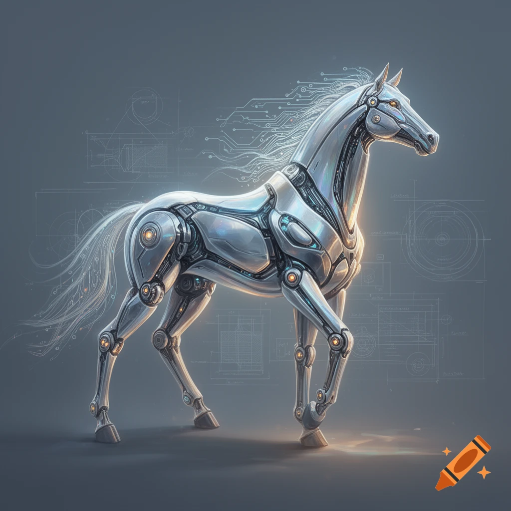 A metallic, futuristic robot horse stands against a grey background with faint engineering blueprints and glowing circuit lines.