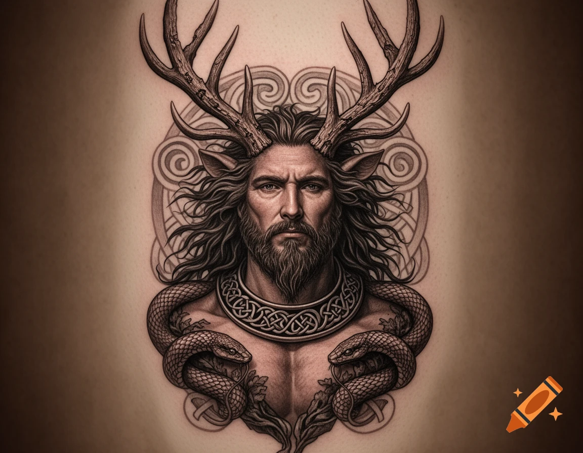 A detailed black and gray tattoo of Cernunnos with stag antlers, long hair, a beard, a Celtic torc, and two snakes coiled around his shoulders.