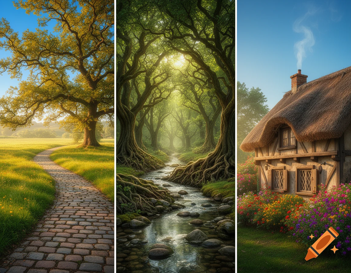 Three vertical panels showing a cobblestone path in a sunny field, a magical forest with a stream, and a thatched cottage with flowers.