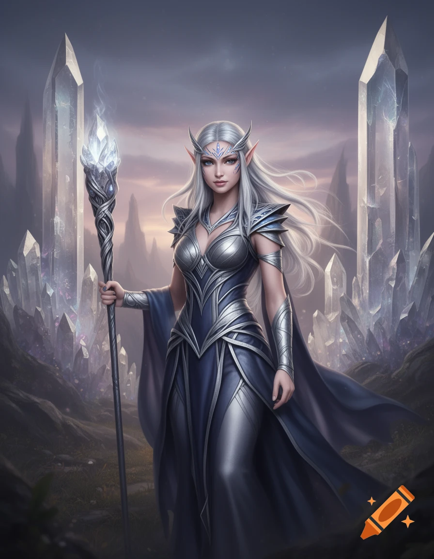 A silver-haired elf woman in blue and silver armor holds a glowing staff amidst a landscape of giant crystals.