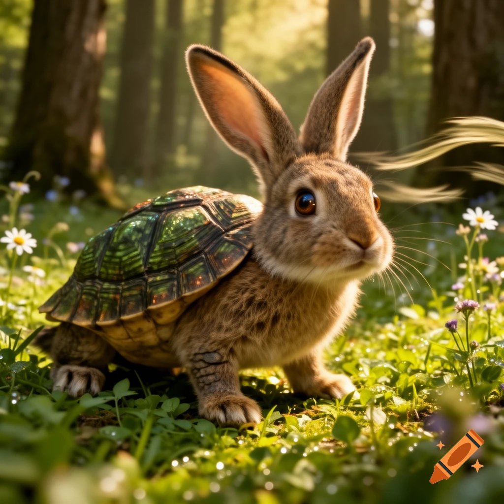 A cute, photorealistic rabbit-turtle hybrid in a lush, sun-dappled forest.