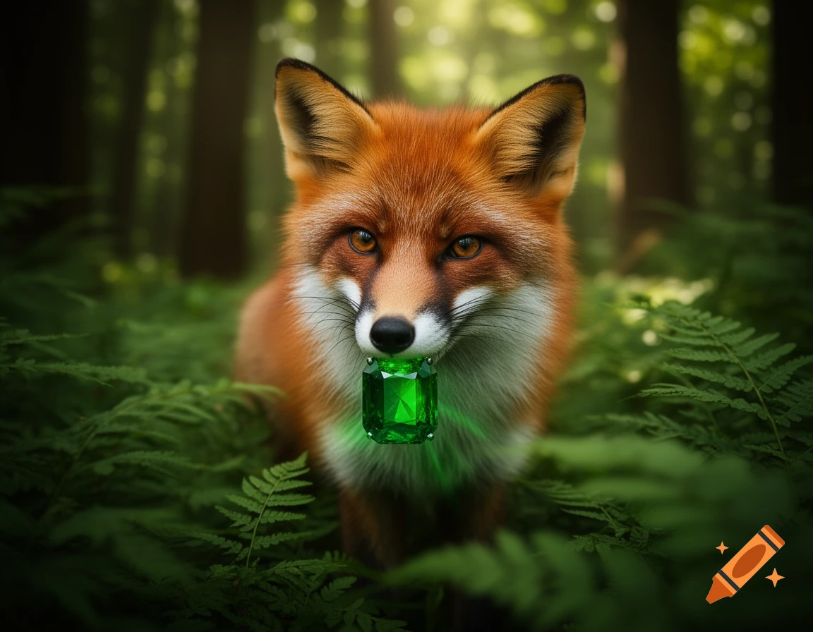 A lifelike fox holding a glowing green emerald in its mouth, standing amidst lush green ferns in a sunlit forest.