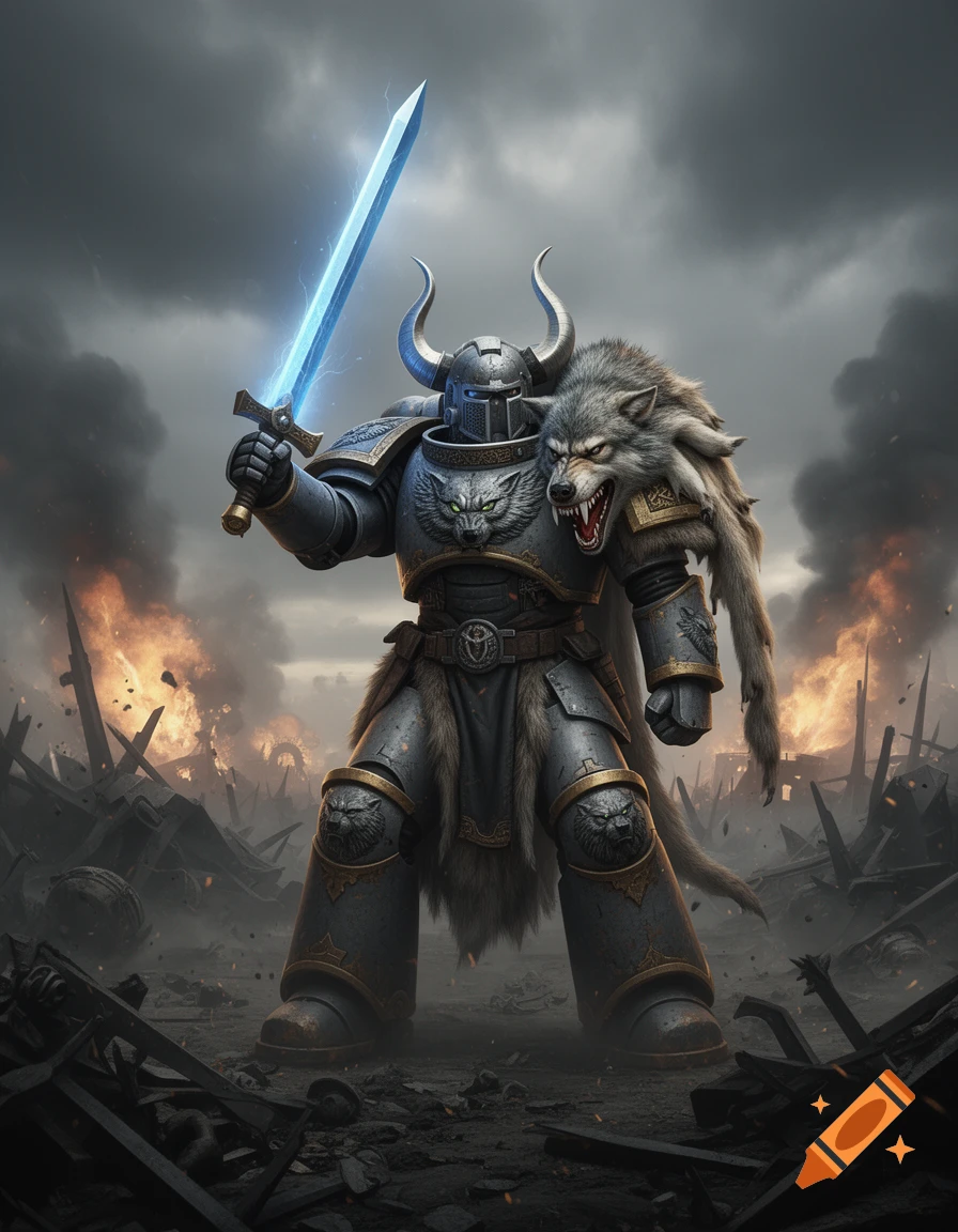 A heavily armored wolf and Viking themed space marine wields a glowing blue power sword on a burning, war-torn battlefield.