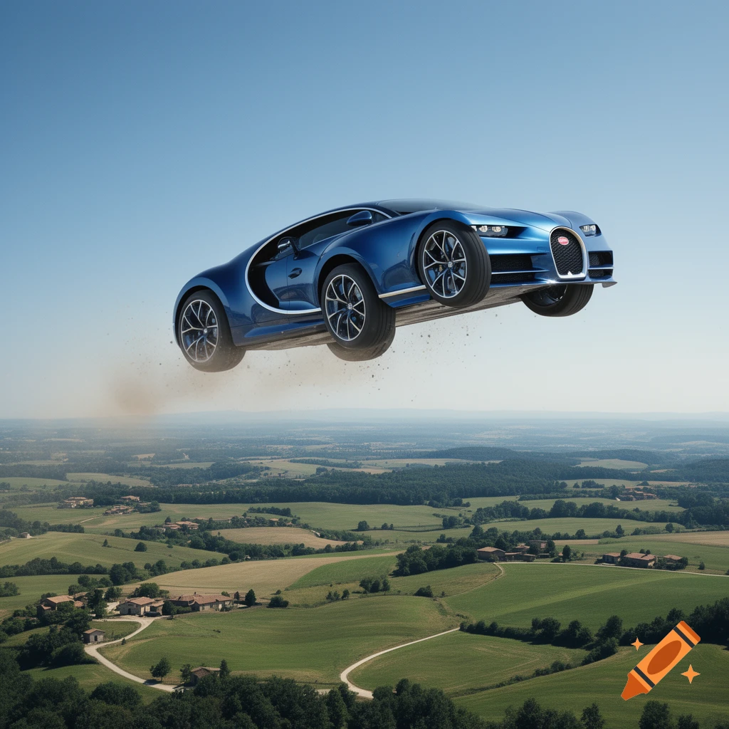 A sleek blue Bugatti sports car appears to be flying over a vast green, hilly landscape dotted with small villages under a bright blue sky.