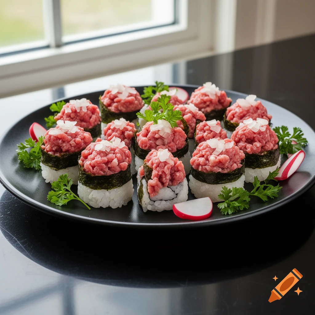 A plate of unique sushi rolls topped with raw minced meat, diced onions, and garnished with parsley and radish slices, on a black table next to a window.