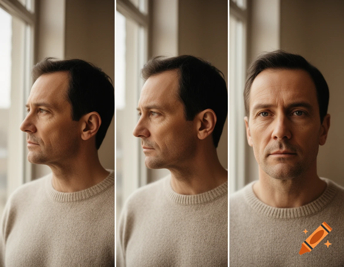 A series of three portraits of a man in a light-colored sweater, showing him looking left, right, and directly forward.