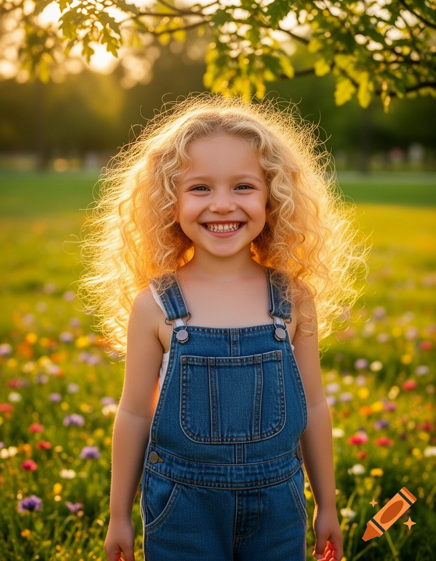 A smiling young girl with blond curly hair in blue overalls stands in a sunny field of wildflowers, looking at the viewer. Photorealistic.