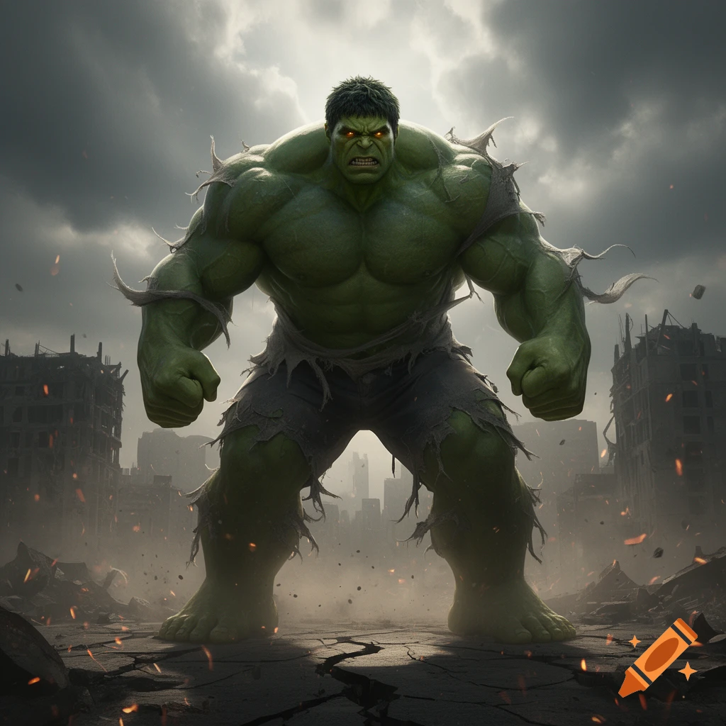 A massive, angry green Hulk with glowing red eyes stands in a ruined city under a cloudy sky, ready for battle.