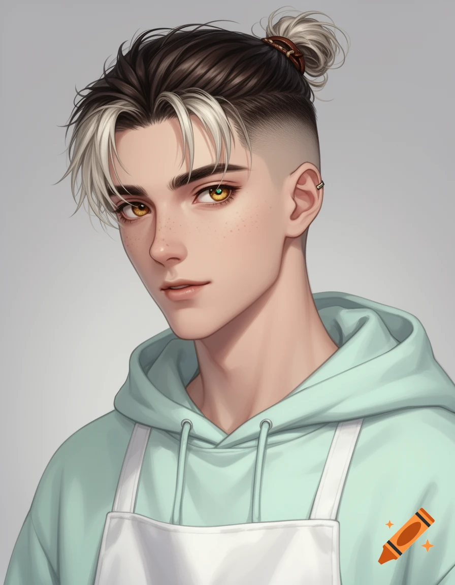 A semi-realistic anime-style portrait of a young man with dark brown hair and platinum blonde bangs in a messy bun, amber eyes, freckles, wearing a mint hoodie and white apron.