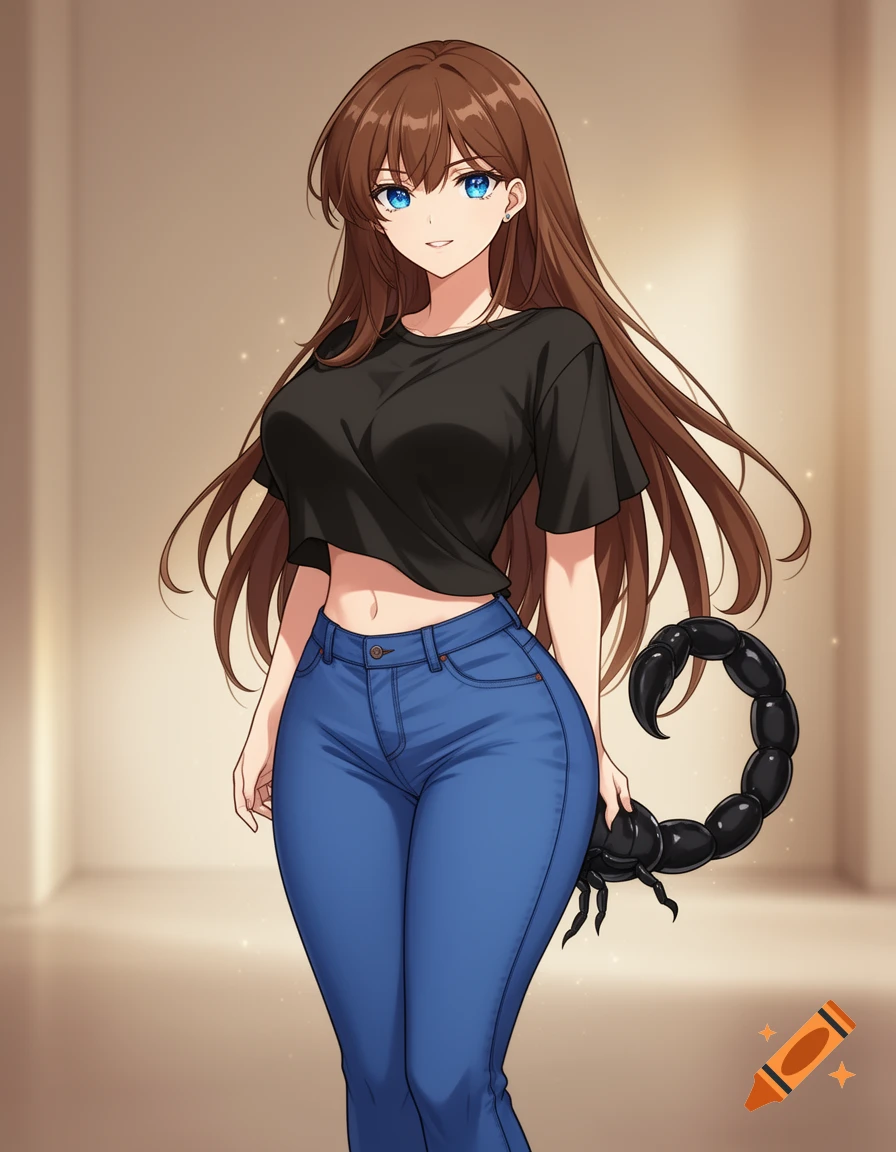An anime girl with long brown hair, blue eyes, and a black scorpion tail wears a black crop top and blue skinny jeans.