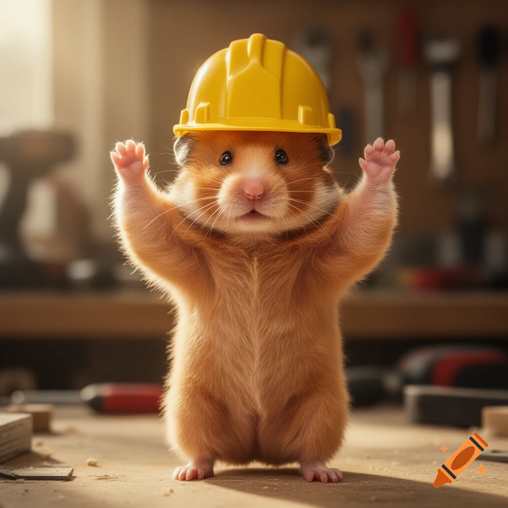 Photorealistic golden hamster wearing a yellow hard hat, standing with raised paws on a workshop table.
