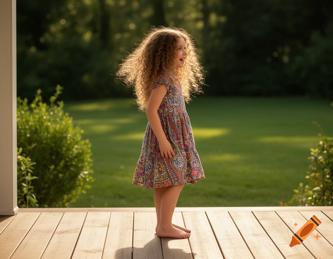 A young girl with long curly hair, barefoot in a colorful dress, stands on a wooden porch bathed in golden light.