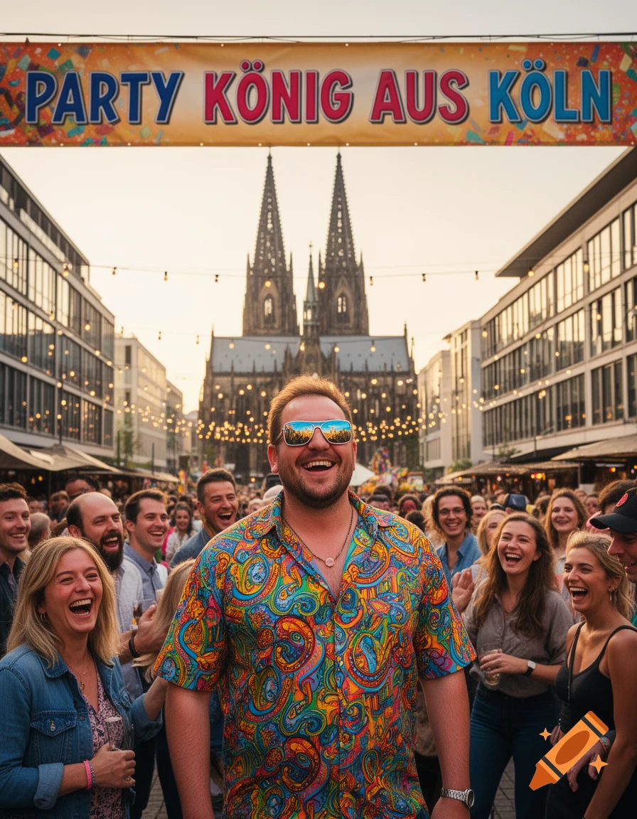 A man in a colorful shirt and sunglasses laughs in a joyful crowd under a banner, with a cathedral in the background.