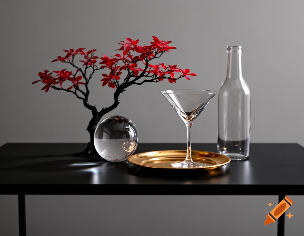 Photorealistic still life of a black tree with red leaves, a glass orb, a martini glass on a gold plate, and a glass bottle on a black table.